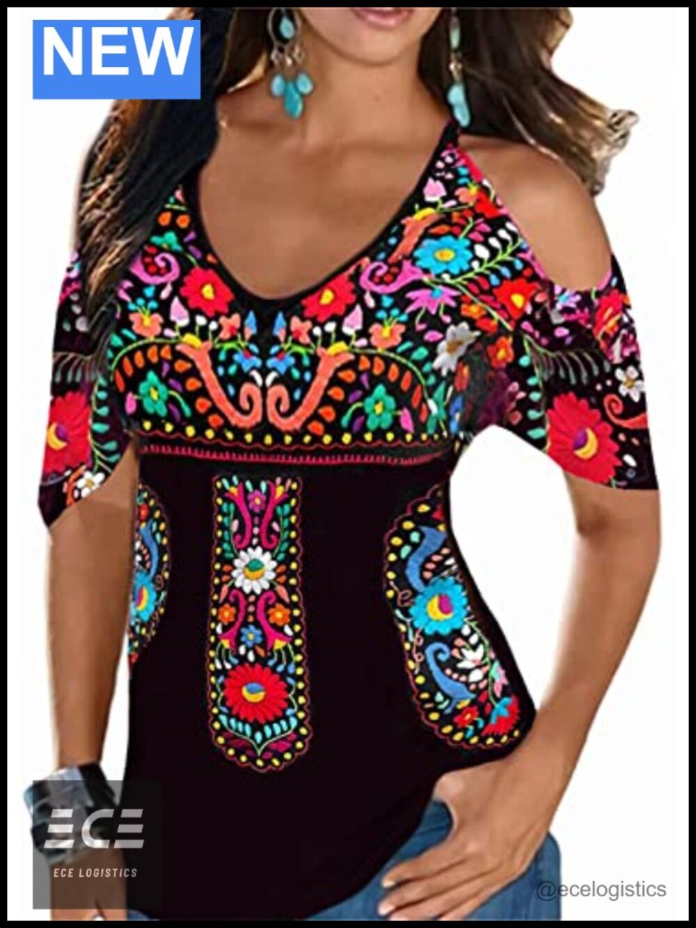 Women's Embroidered Cold Shoulder Peasant Blouse Loose Fit Summer Tunic Top